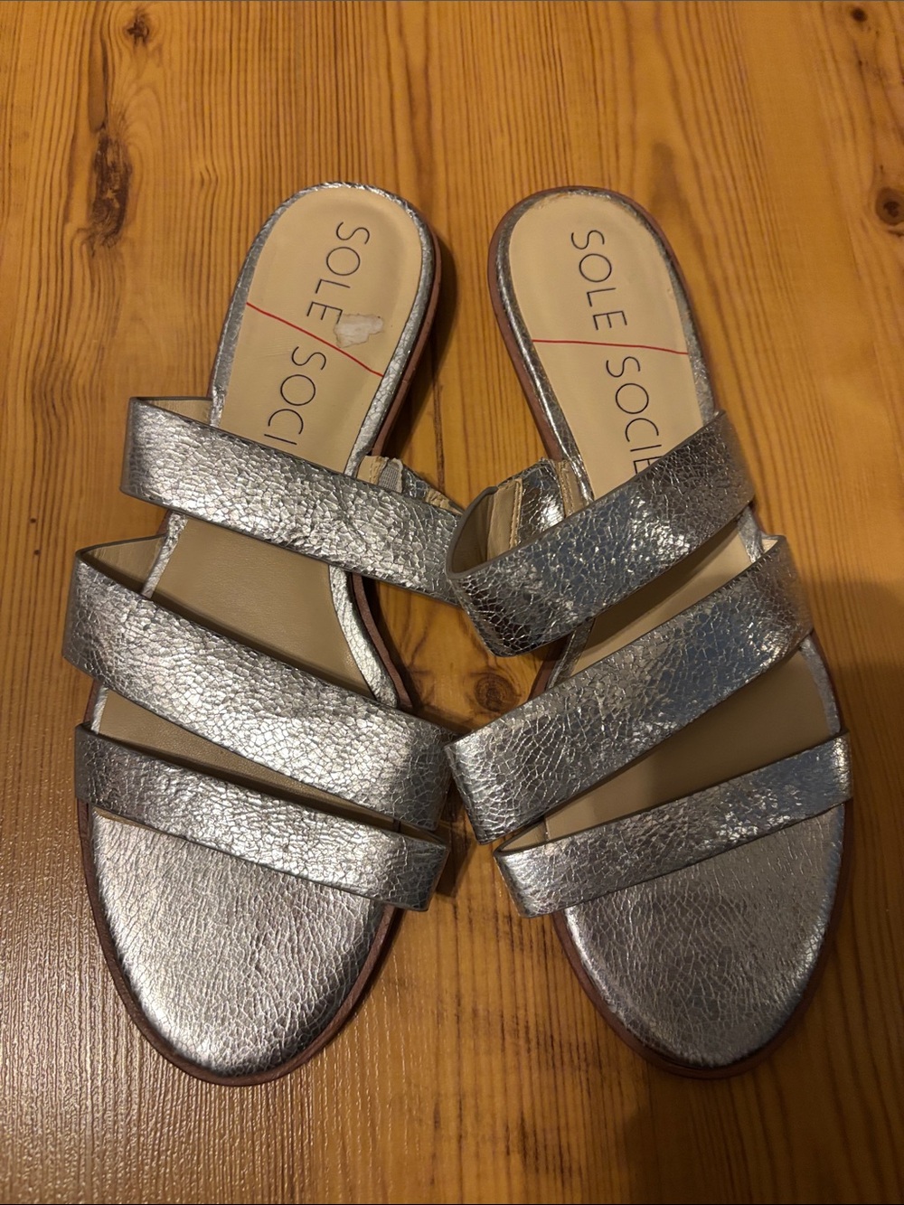 Sole Society Metallic Silver Strappy Slide Sandals